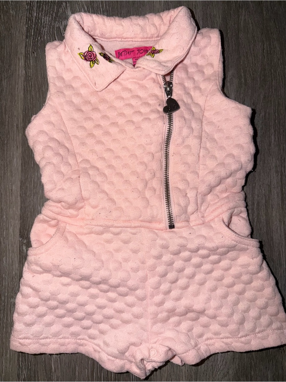 Betsey Johnson Pink Quilted Sleeveless Romper with Heart Zip